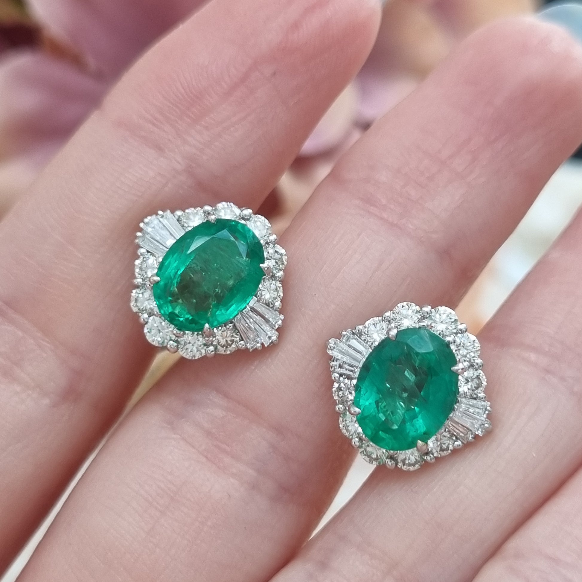 3.61ct Oval Emerald and Diamond Cluster Stud Earrings in 18ct Gold