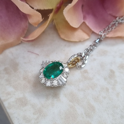 1.27ct Oval Emerald and Diamond Pendant with Chain