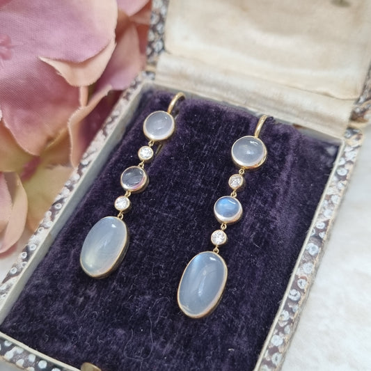 Vintage Moonstone and Diamond Drop Earrings in Yellow Gold