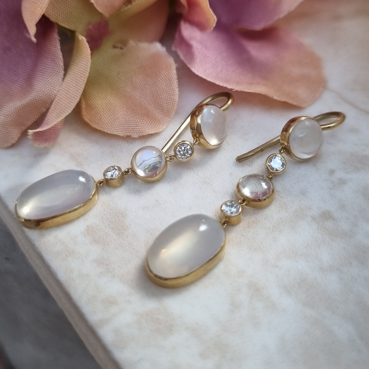 Vintage Moonstone and Diamond Drop Earrings in Yellow Gold