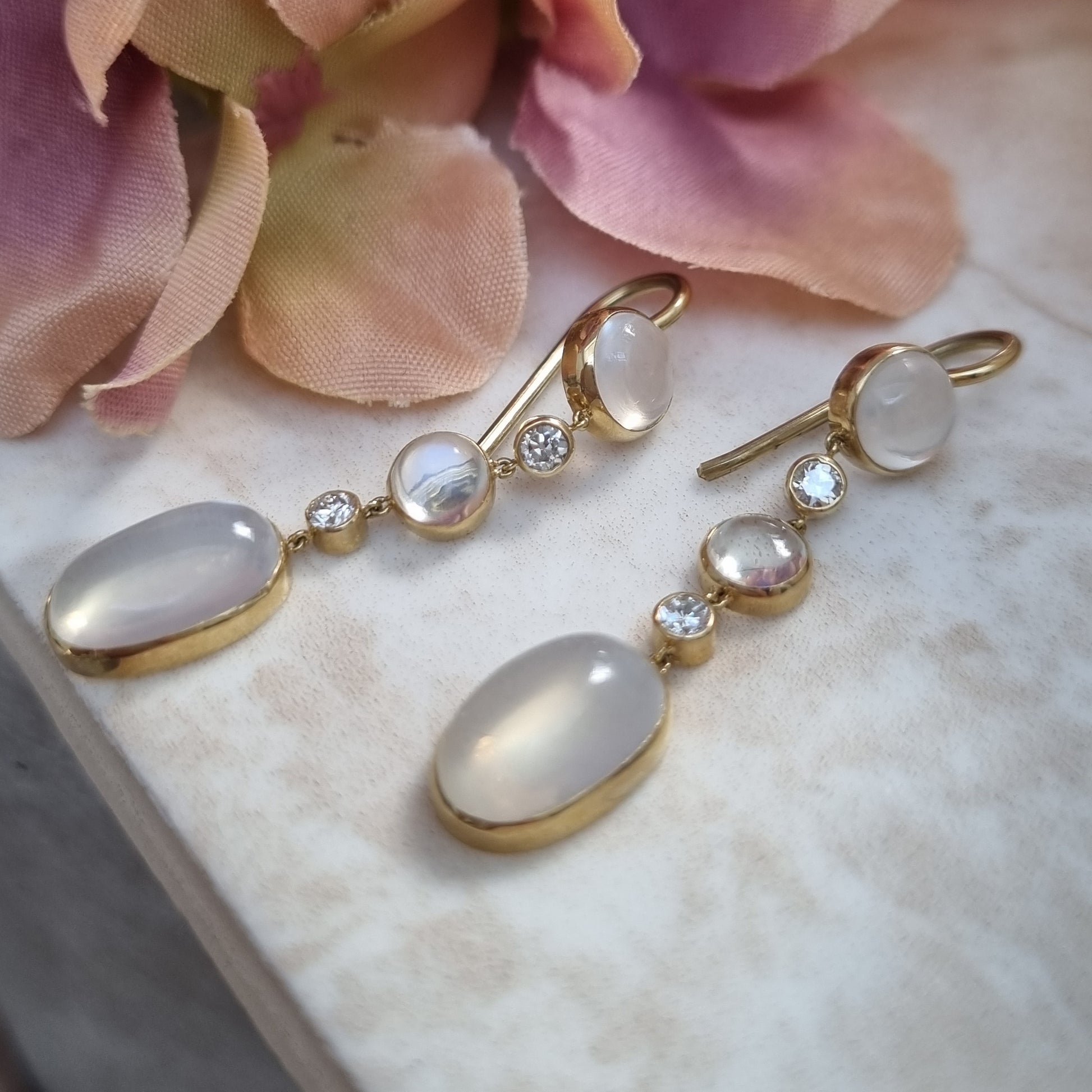 Vintage Moonstone and Diamond Drop Earrings in Yellow Gold
