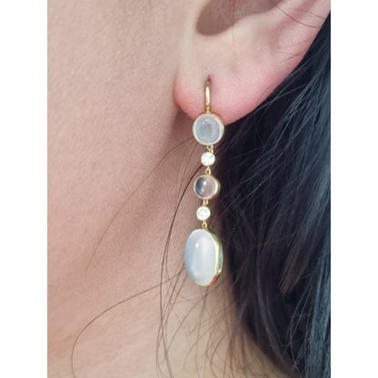 Vintage Moonstone and Diamond Drop Earrings in Yellow Gold