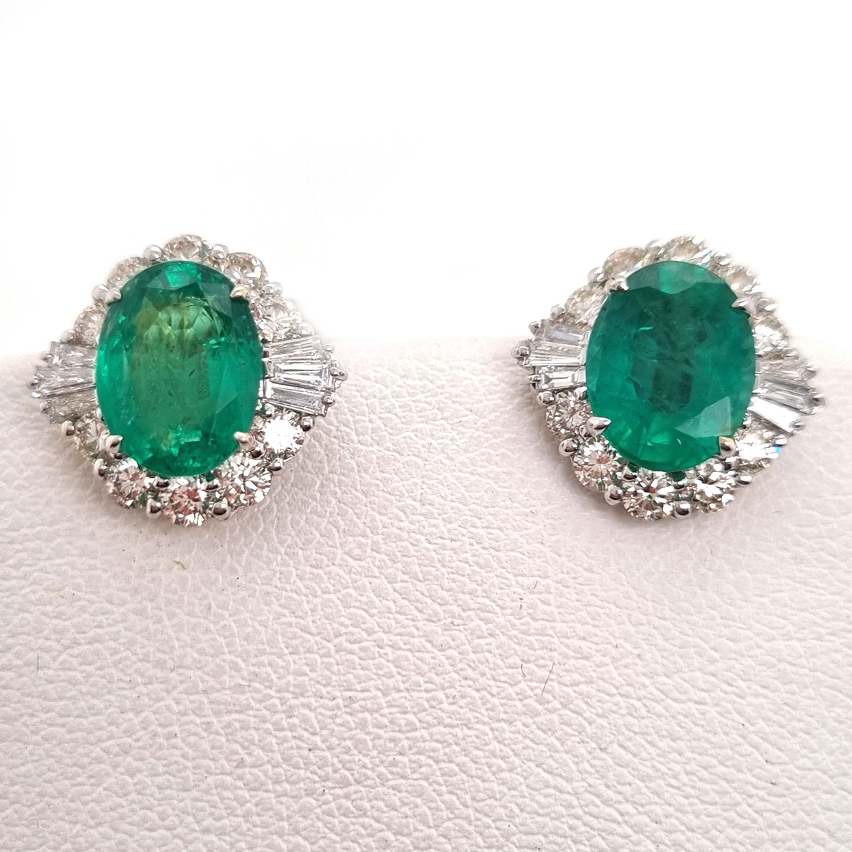 3.61ct Oval Emerald and Diamond Cluster Stud Earrings in 18ct Gold