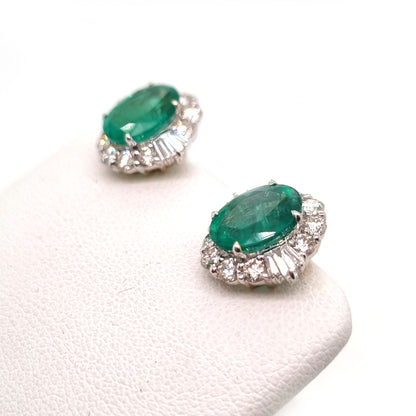 3.61ct Oval Emerald and Diamond Cluster Stud Earrings in 18ct Gold