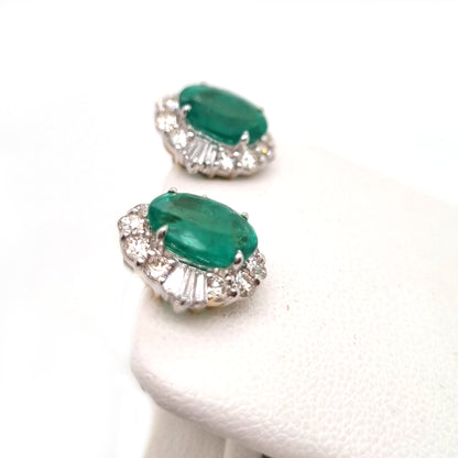 3.61ct Oval Emerald and Diamond Cluster Stud Earrings in 18ct Gold