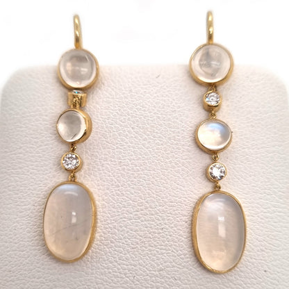 Vintage Moonstone and Diamond Drop Earrings in Yellow Gold