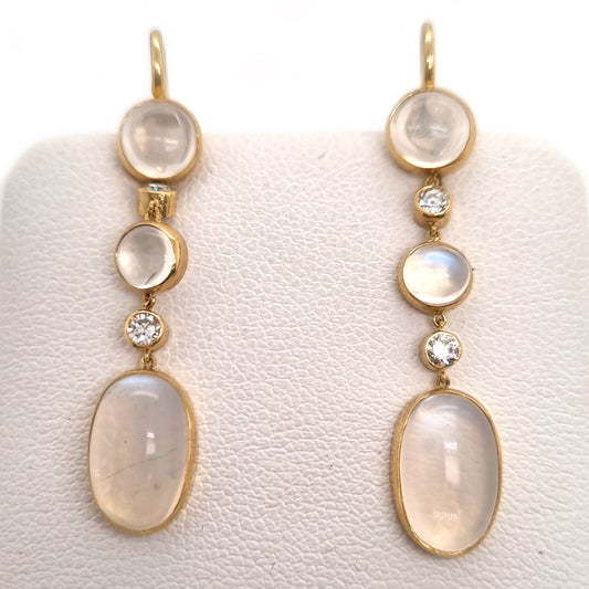 Vintage Moonstone and Diamond Drop Earrings in Yellow Gold