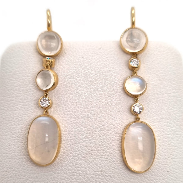 Vintage Moonstone and Diamond Drop Earrings in Yellow Gold
