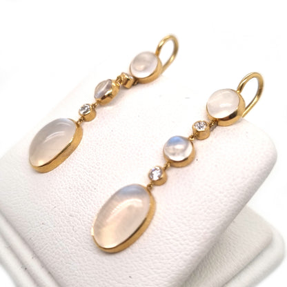 Vintage Moonstone and Diamond Drop Earrings in Yellow Gold
