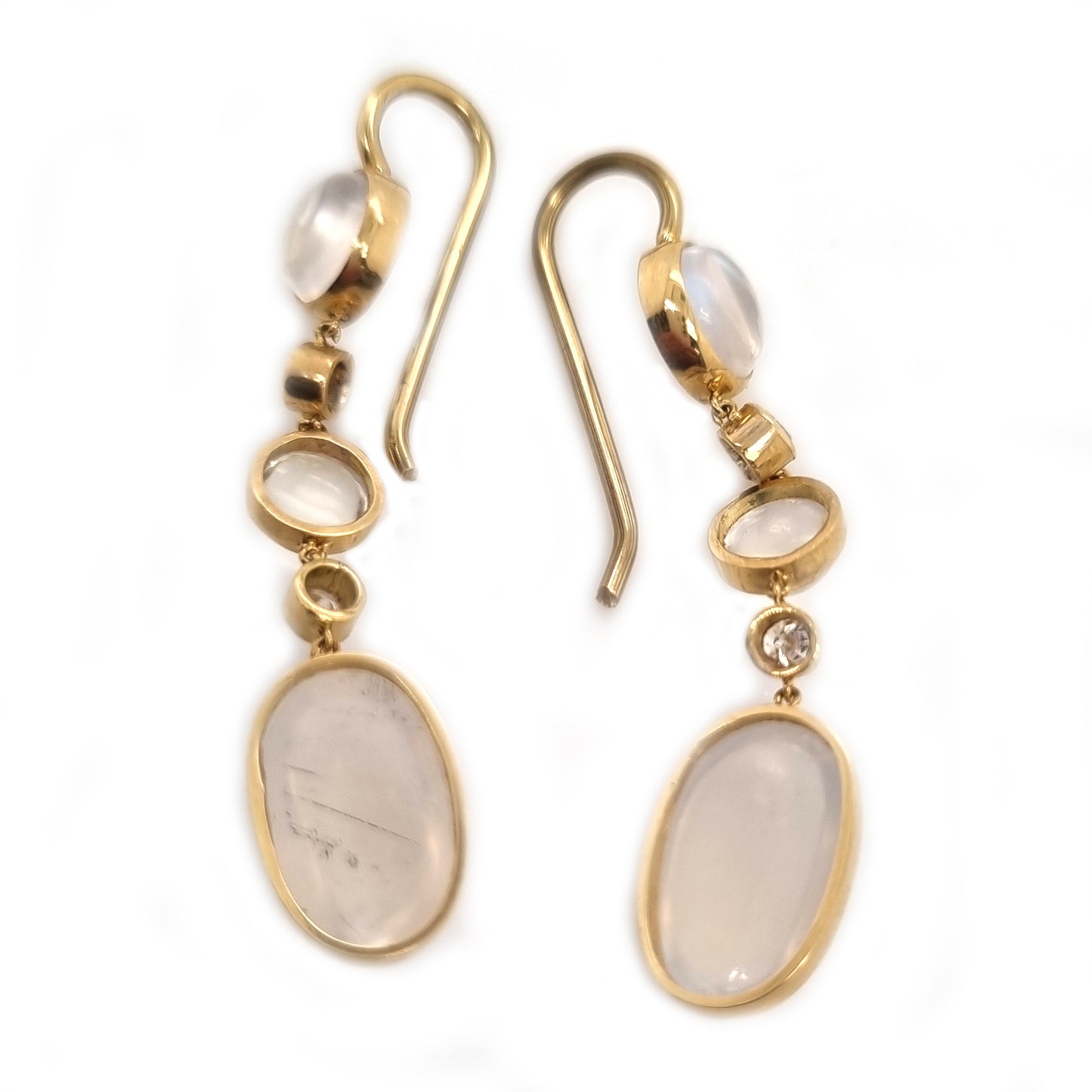 Vintage Moonstone and Diamond Drop Earrings in Yellow Gold