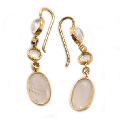 Vintage Moonstone and Diamond Drop Earrings in Yellow Gold
