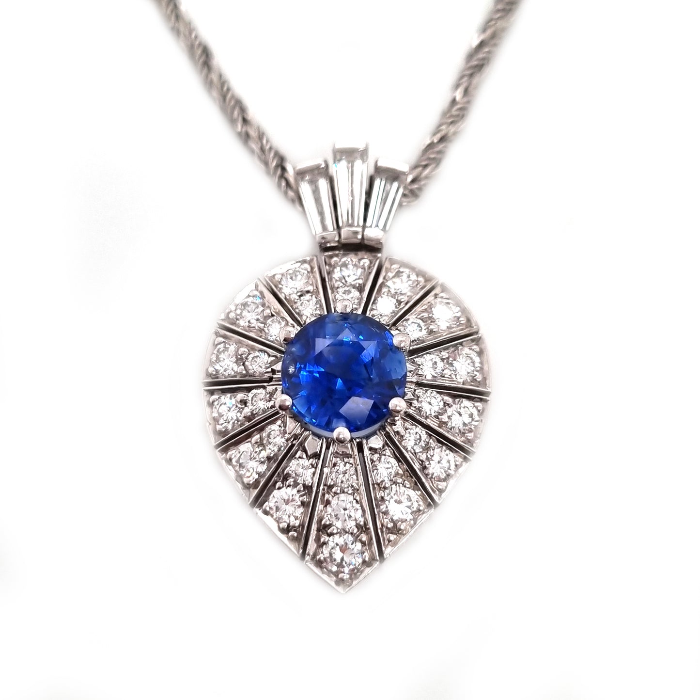 Art Deco Inspired Sapphire and Diamond Pear Shape Cluster Pendant