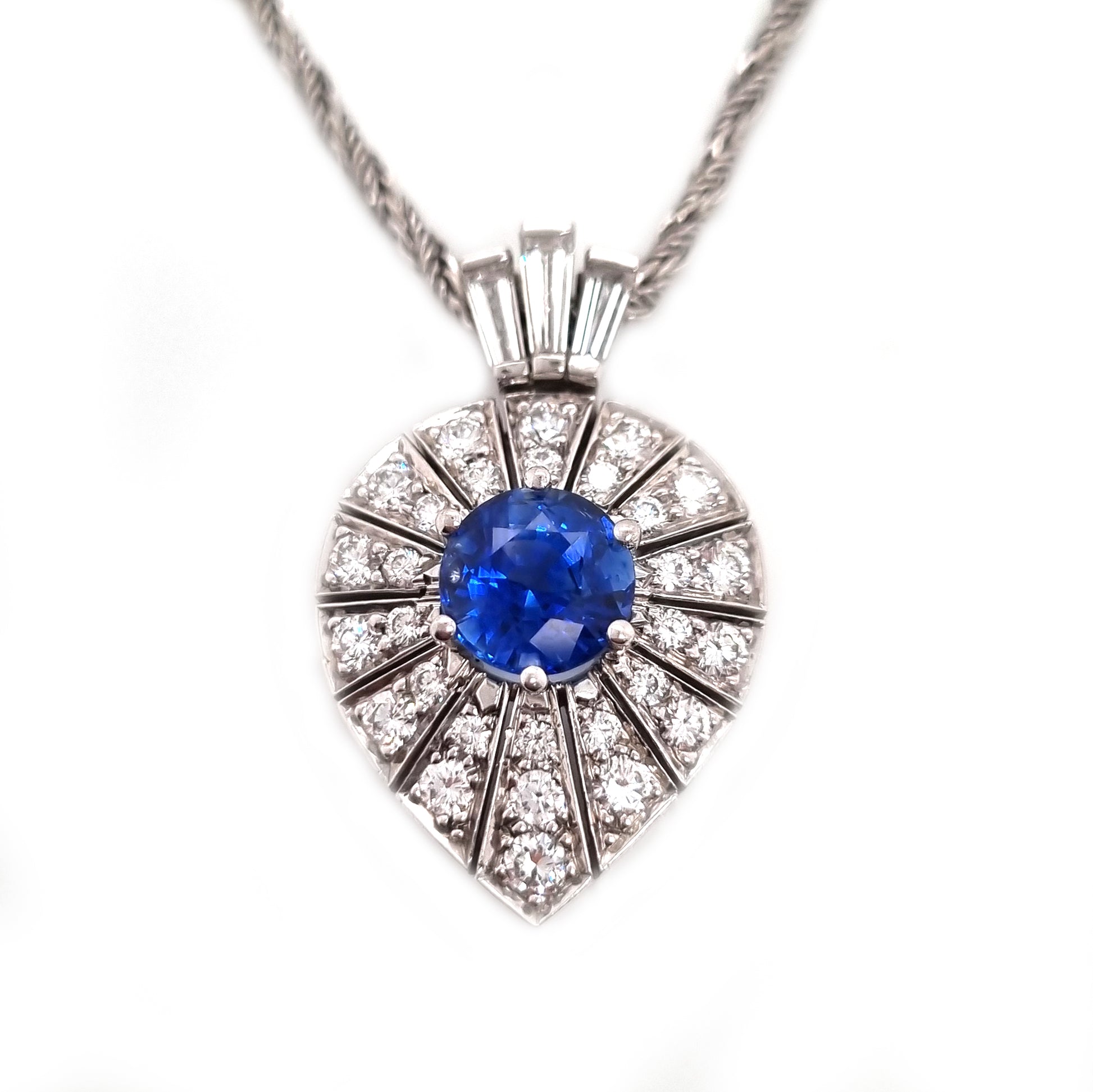 Art Deco Inspired Sapphire and Diamond Pear Shape Cluster Pendant