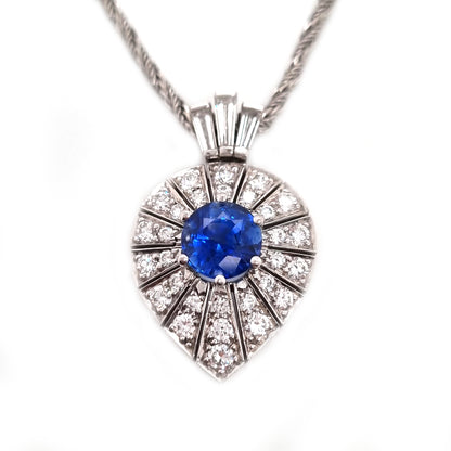 Art Deco Inspired Sapphire and Diamond Pear Shape Cluster Pendant