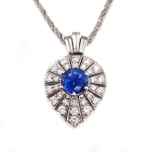 Art Deco Inspired Sapphire and Diamond Pear Shape Cluster Pendant