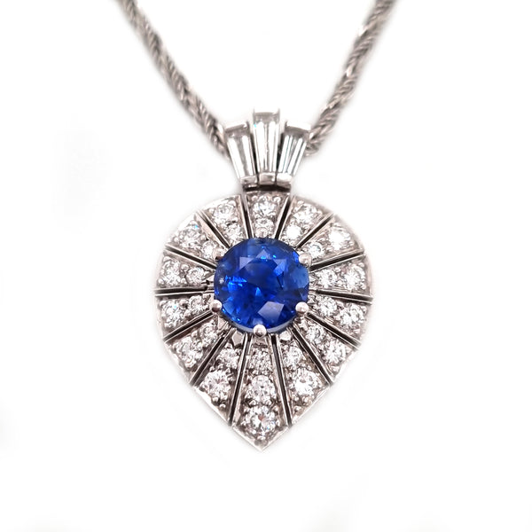 Art Deco Inspired Sapphire and Diamond Pear Shape Cluster Pendant
