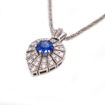 Art Deco Inspired Sapphire and Diamond Pear Shape Cluster Pendant