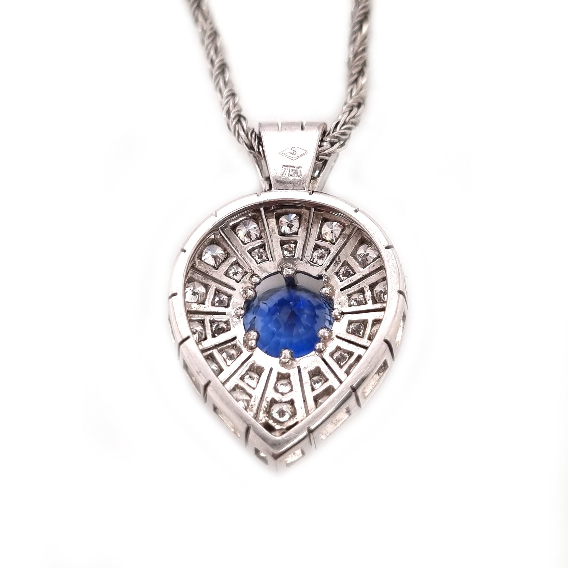 Art Deco Inspired Sapphire and Diamond Pear Shape Cluster Pendant