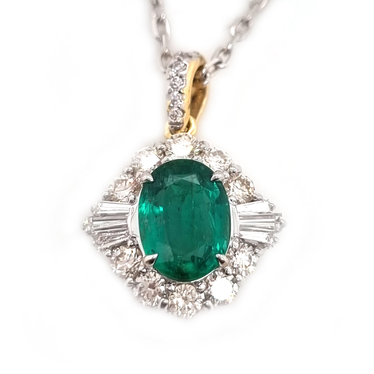 1.27ct Oval Emerald and Diamond Pendant with Chain