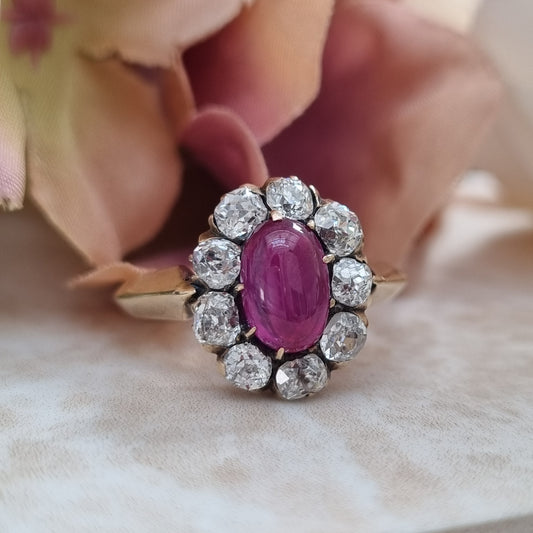 Victorian Antique Burma No Heat Cabochon Ruby and Old Cut Diamond Cluster Engagement Ring