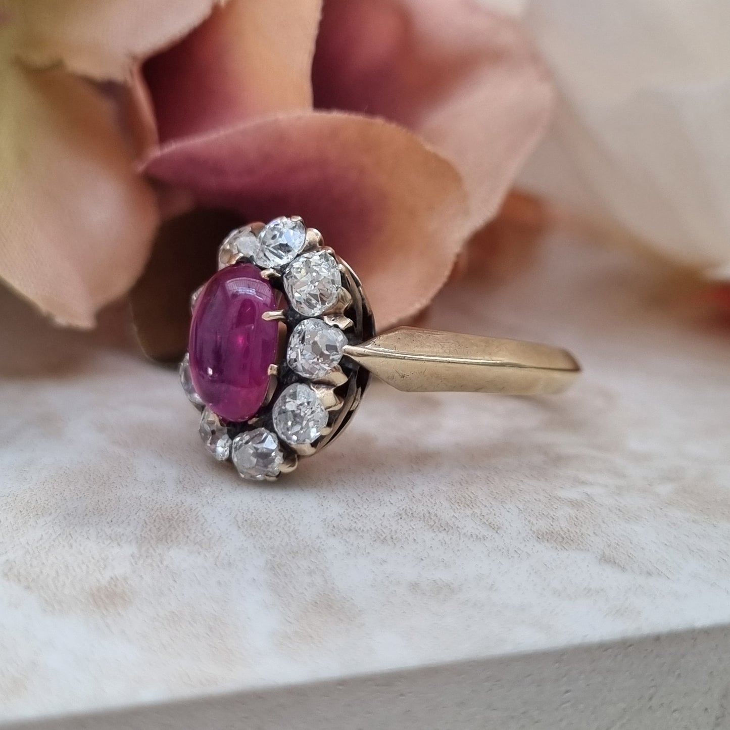 Victorian Antique Burma No Heat Cabochon Ruby and Old Cut Diamond Cluster Engagement Ring
