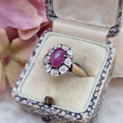 Victorian Antique Burma No Heat Cabochon Ruby and Old Cut Diamond Cluster Engagement Ring
