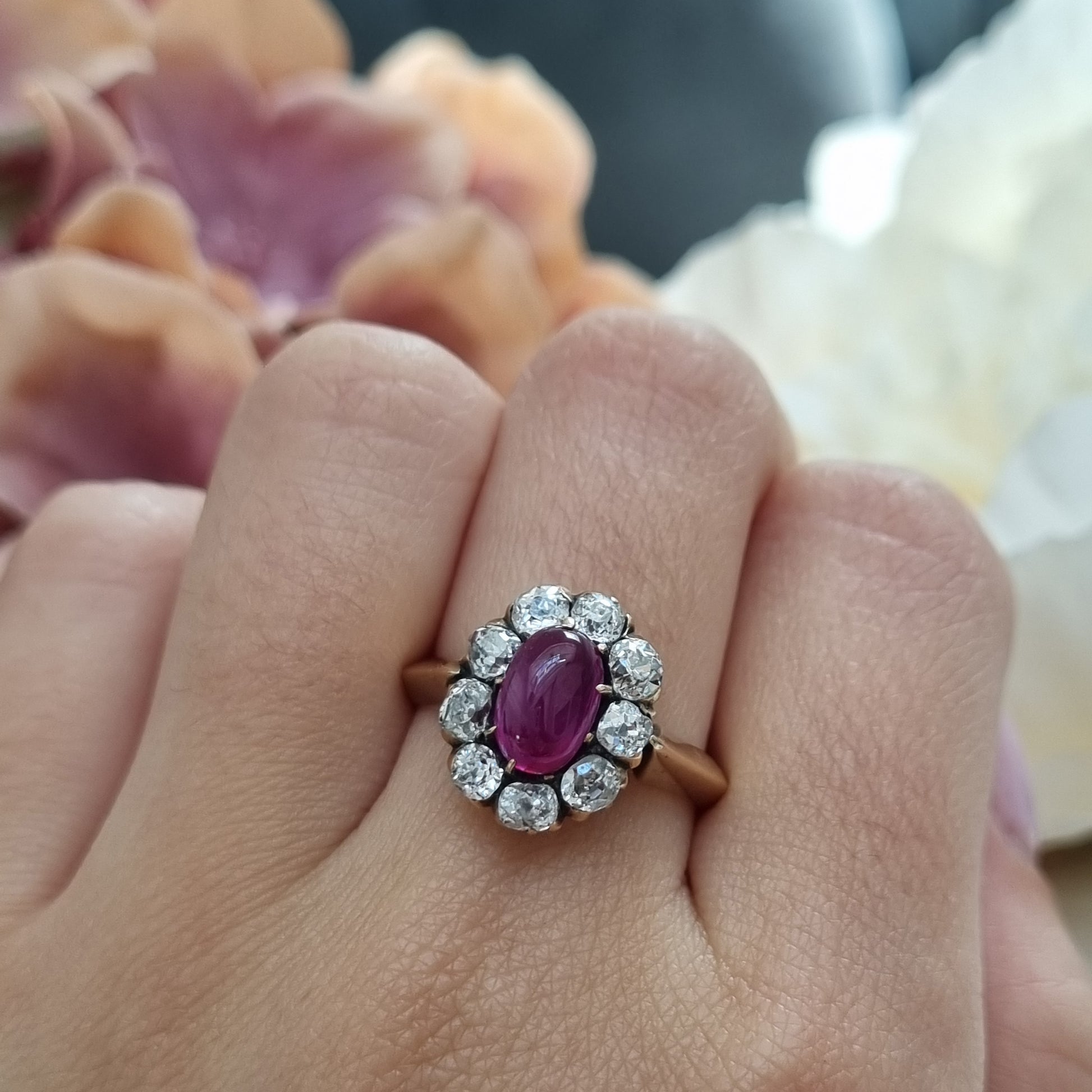 Victorian Antique Burma No Heat Cabochon Ruby and Old Cut Diamond Cluster Engagement Ring