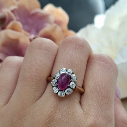 Victorian Antique Burma No Heat Cabochon Ruby and Old Cut Diamond Cluster Engagement Ring