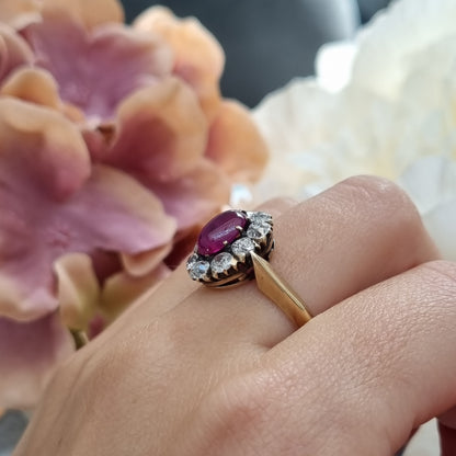 Victorian Antique Burma No Heat Cabochon Ruby and Old Cut Diamond Cluster Engagement Ring