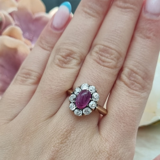 Victorian Antique Burma No Heat Cabochon Ruby and Old Cut Diamond Cluster Engagement Ring
