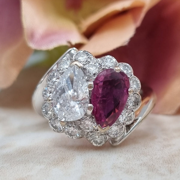 Antique Pear Shape Old Cut Ruby and Diamond Two Stone Toi et Moi Cluster Ring