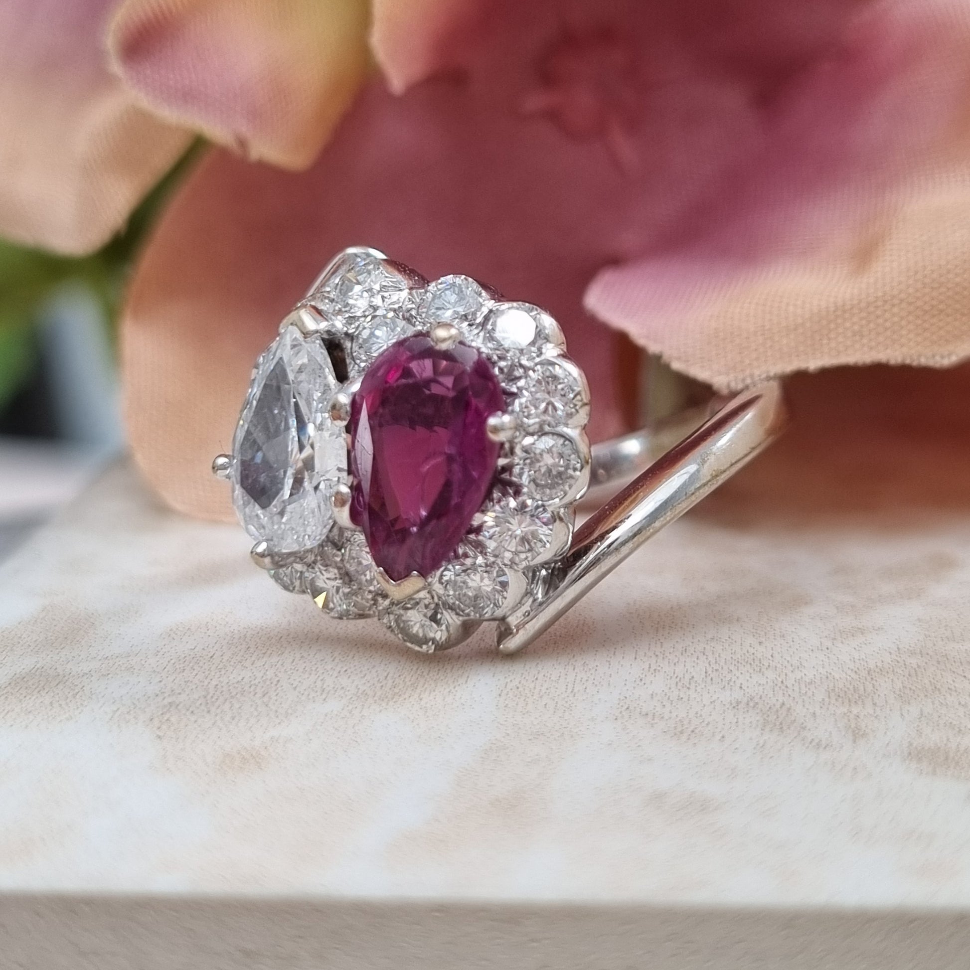 Antique Pear Shape Old Cut Ruby and Diamond Two Stone Toi et Moi Cluster Ring