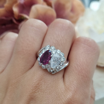 Antique Pear Shape Old Cut Ruby and Diamond Two Stone Toi et Moi Cluster Ring