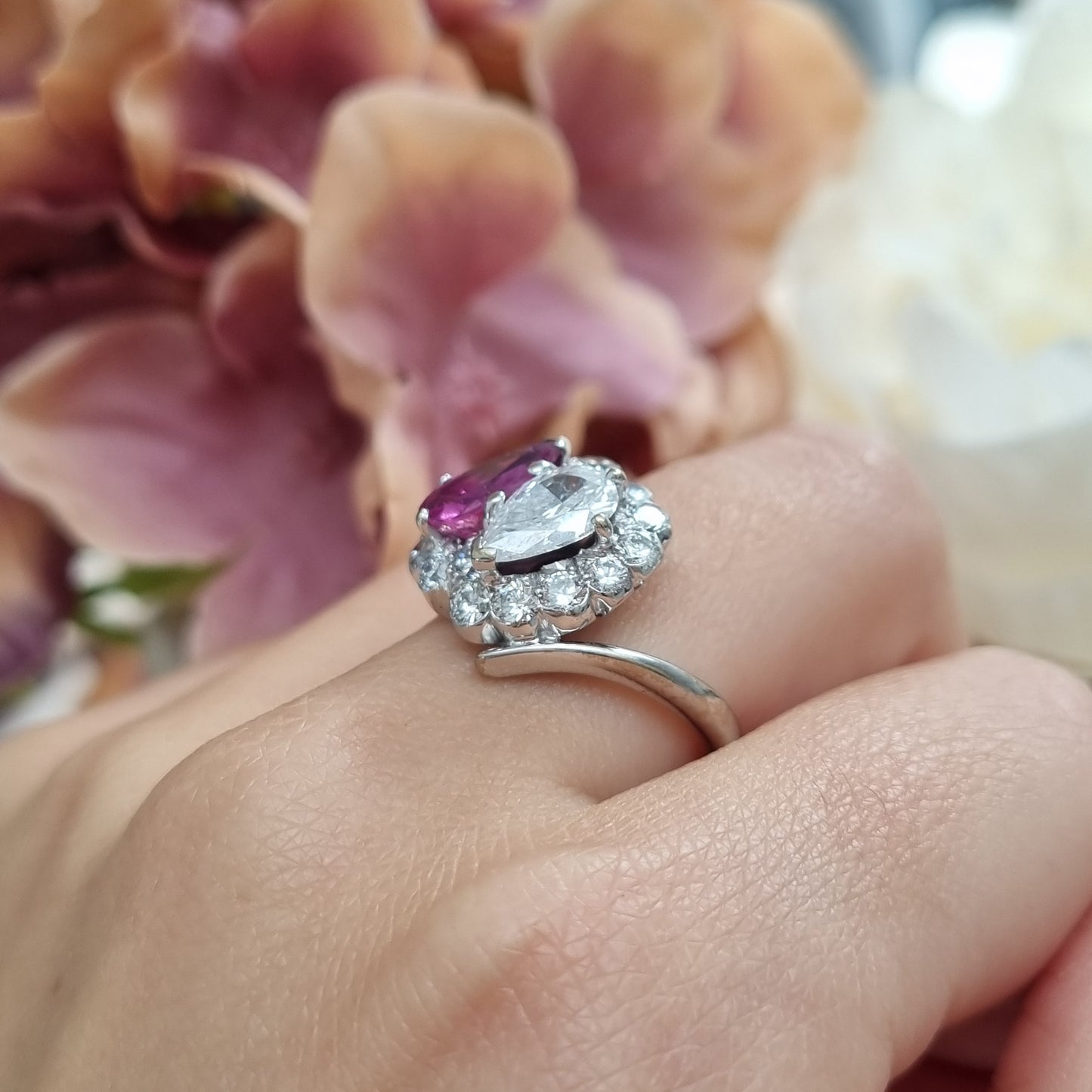 Antique Pear Shape Old Cut Ruby and Diamond Two Stone Toi et Moi Cluster Ring