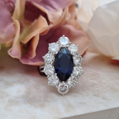 Vintage 3.5ct Marquise Royal Blue Sapphire and Diamond Navette Cluster Ring