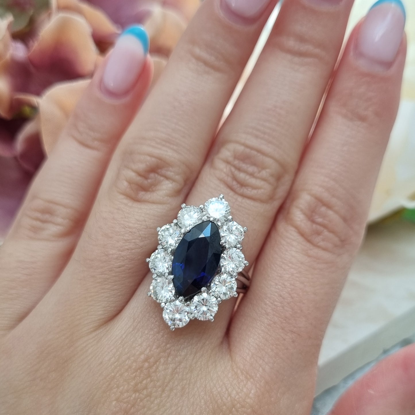 Vintage 3.5ct Marquise Royal Blue Sapphire and Diamond Navette Cluster Ring
