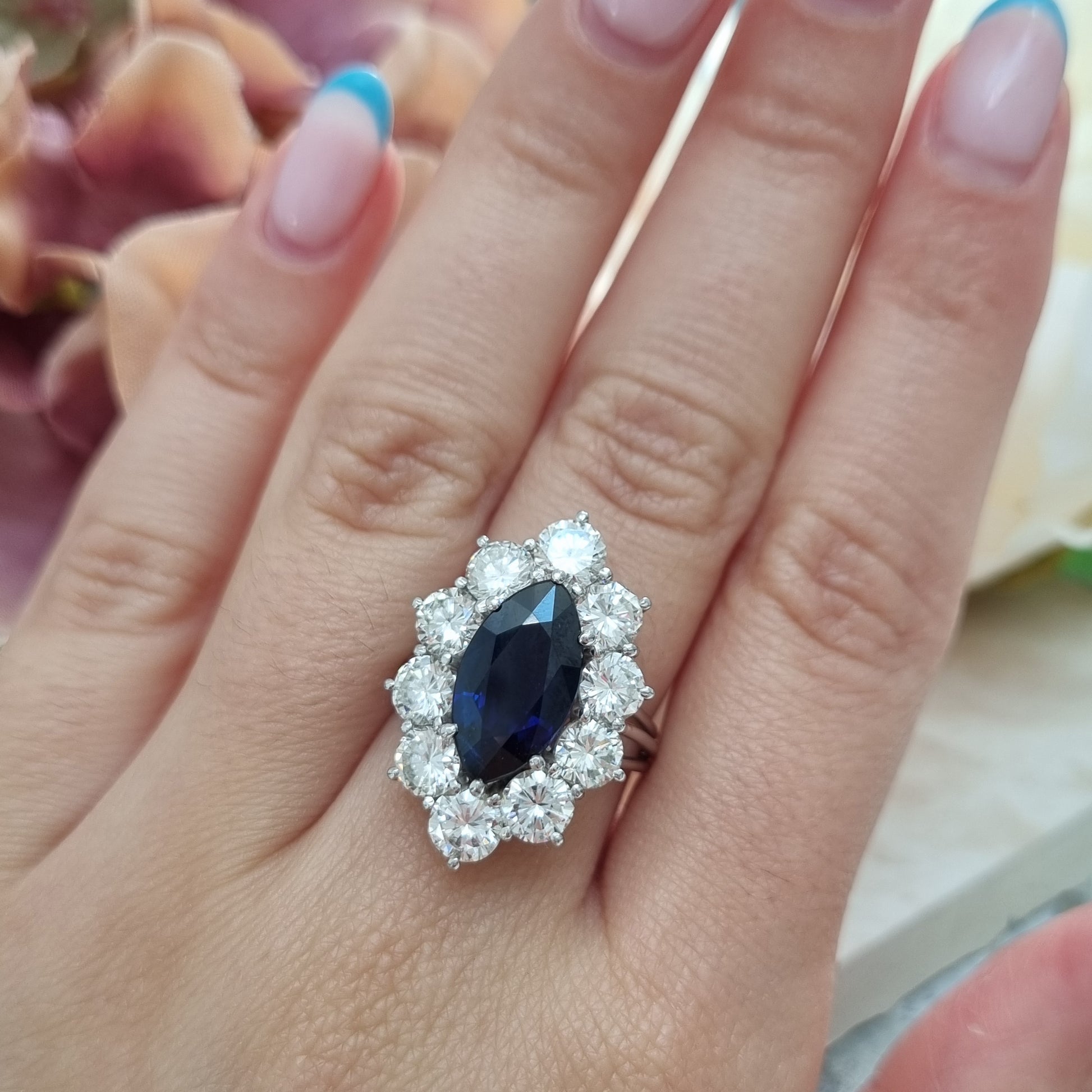 Vintage 3.5ct Marquise Royal Blue Sapphire and Diamond Navette Cluster Ring