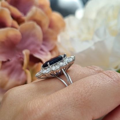 Vintage 3.5ct Marquise Royal Blue Sapphire and Diamond Navette Cluster Ring
