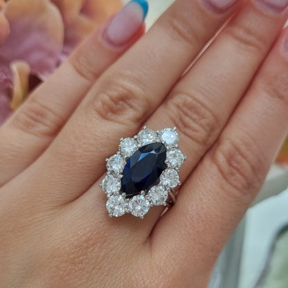 Vintage 3.5ct Marquise Royal Blue Sapphire and Diamond Navette Cluster Ring