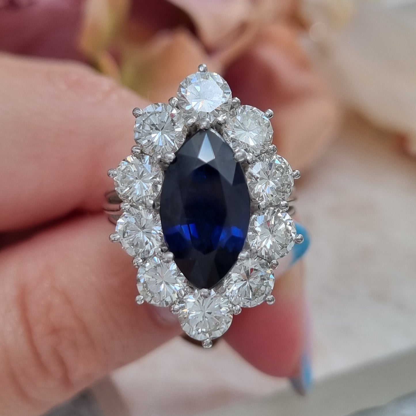 Vintage 3.5ct Marquise Royal Blue Sapphire and Diamond Navette Cluster Ring