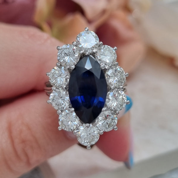Vintage 3.5ct Marquise Royal Blue Sapphire and Diamond Navette Cluster Ring