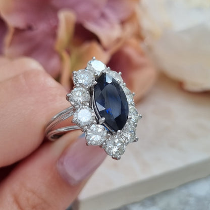 Vintage 3.5ct Marquise Royal Blue Sapphire and Diamond Navette Cluster Ring