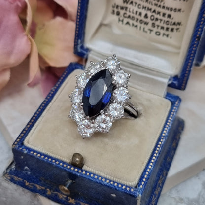 Vintage 3.5ct Marquise Royal Blue Sapphire and Diamond Navette Cluster Ring