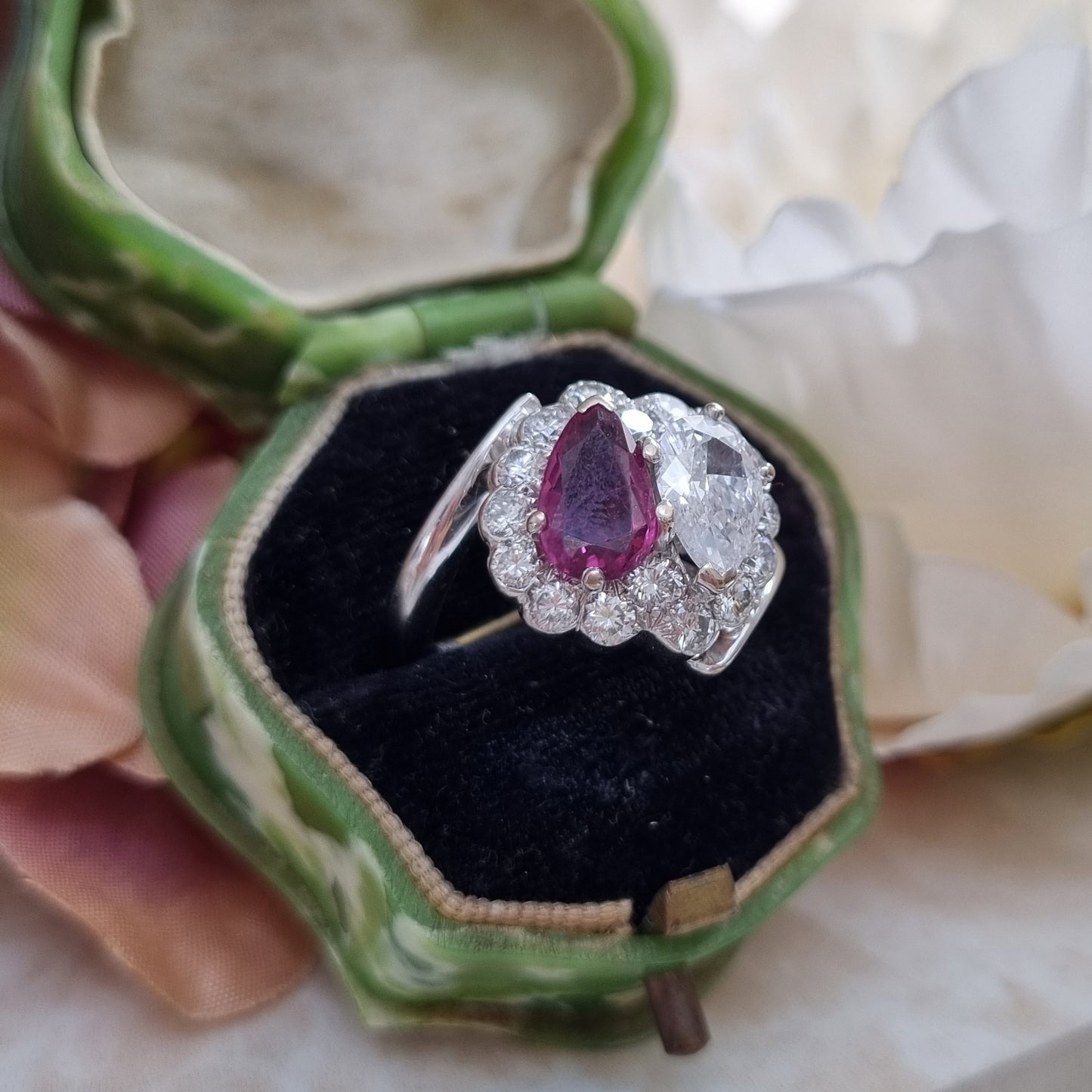 Antique Pear Shape Old Cut Ruby and Diamond Two Stone Toi et Moi Cluster Ring