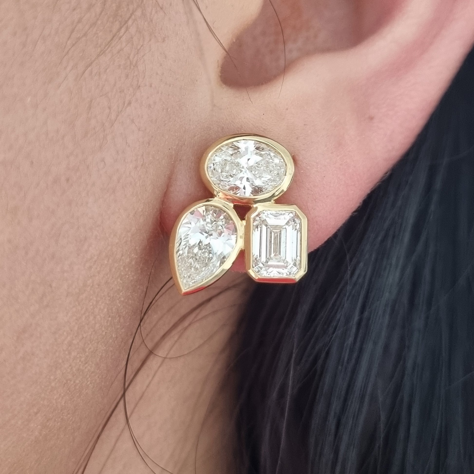 Fine Pair of Pear Oval and Emerald Cut Diamond Earrings