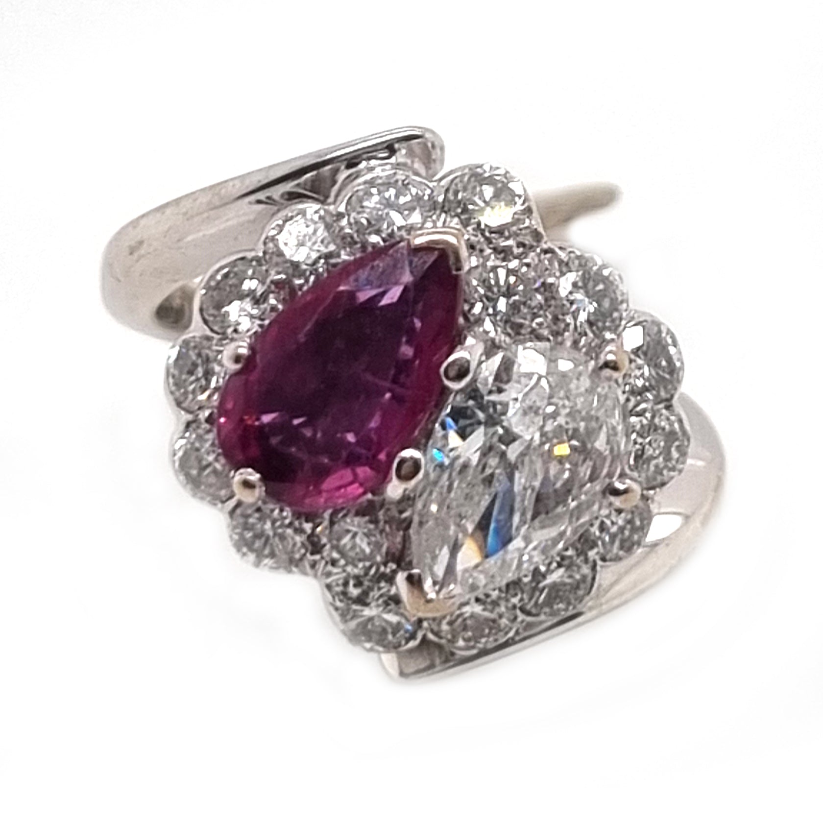 Antique Pear Shape Old Cut Ruby and Diamond Two Stone Toi et Moi Cluster Ring