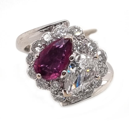 Antique Pear Shape Old Cut Ruby and Diamond Two Stone Toi et Moi Cluster Ring