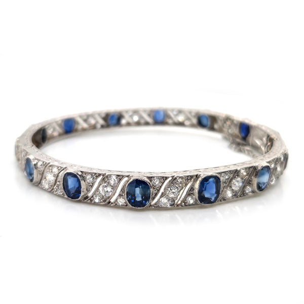 Antique Vintage Art Deco Cushion Sapphire and Diamond Bangle Bracelet