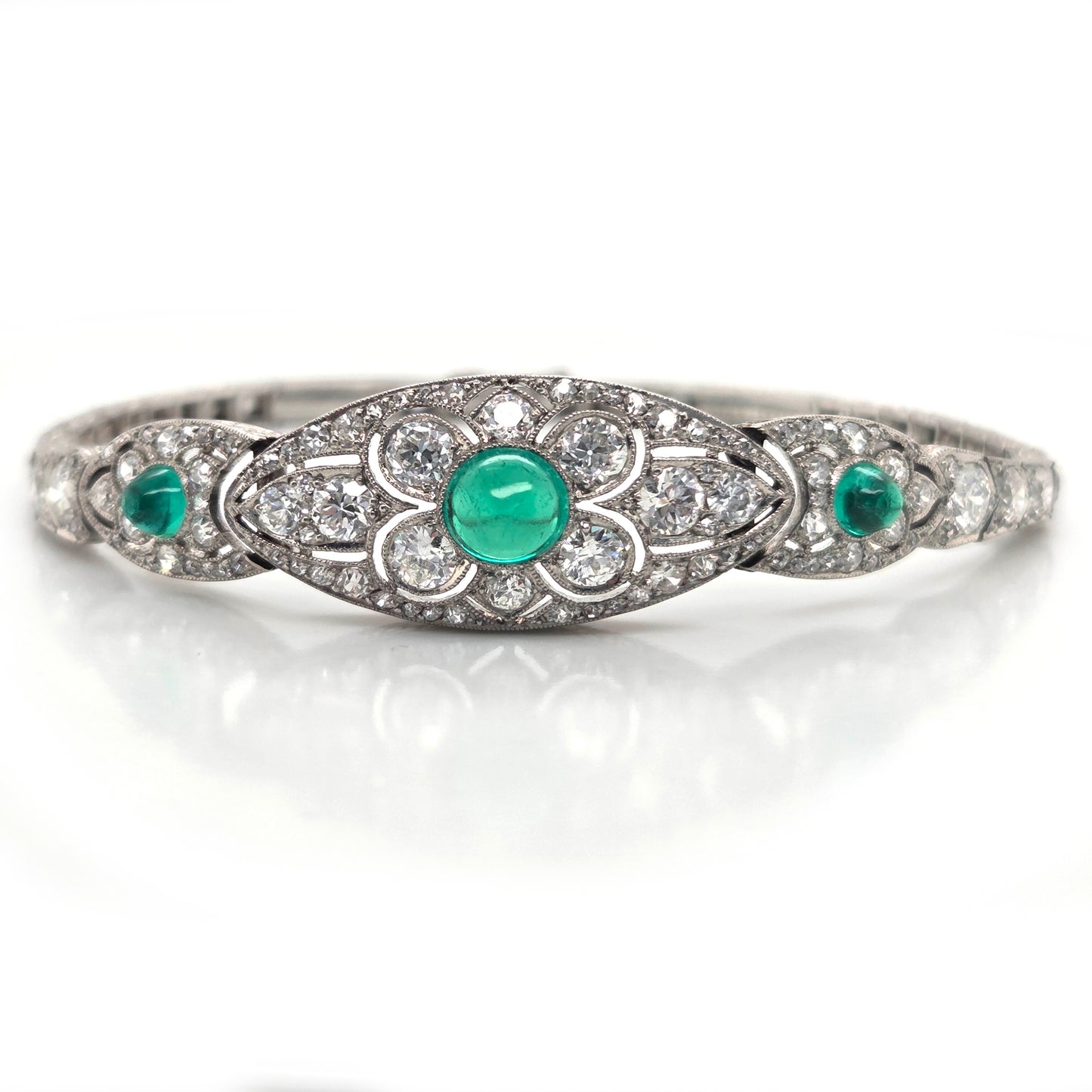 Fine Art Deco Cabochon Emerald and Diamond Bracelet