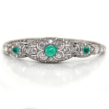Fine Art Deco Cabochon Emerald and Diamond Bracelet